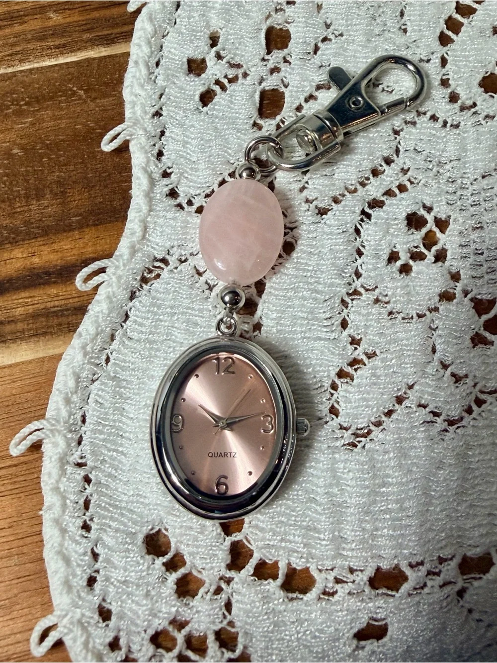 Vintage Avon Pink Dial Keychain Watch with Rose Quartz Accent